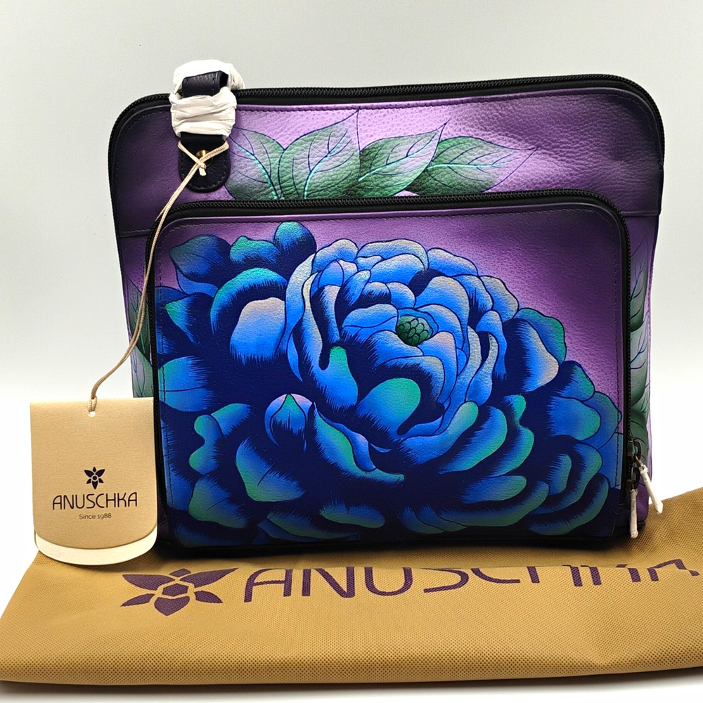 Anuschka Purple/Blue/Green Hand Painted Floral Should Bag, NWT & Dust Bag